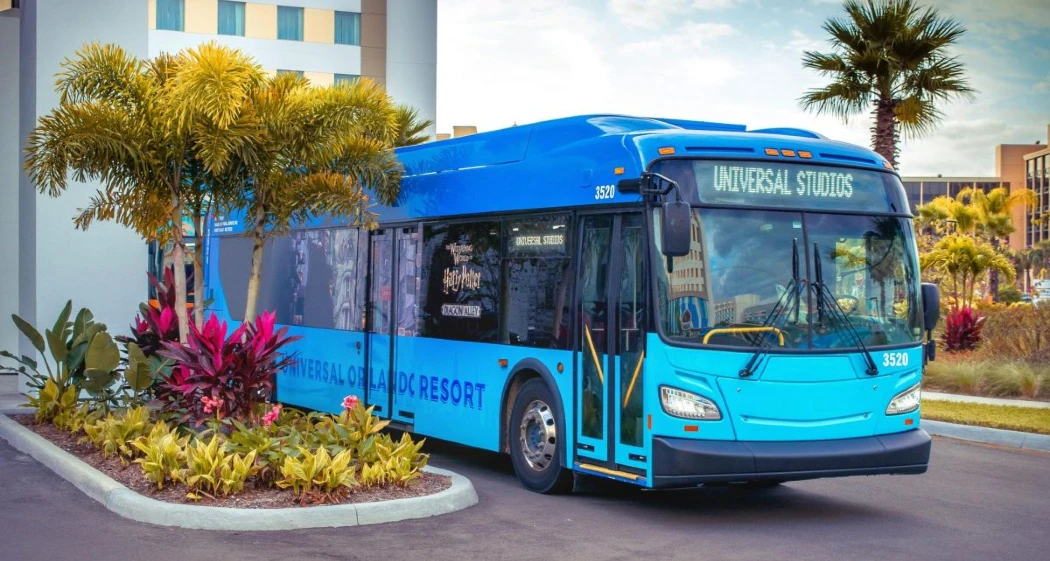 A blue color shuttle bus in Universal Orlando Resort