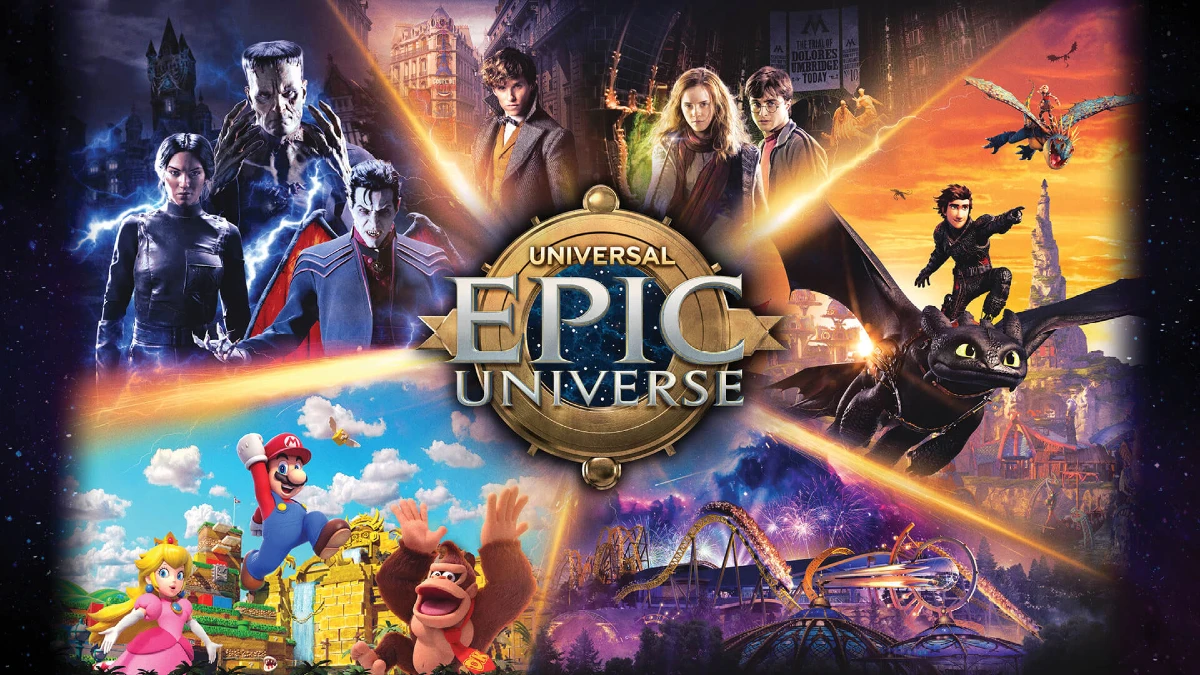 A collage showcasing characters and attractions from Universal's Epic Universe, featuring iconic figures and thrilling rides