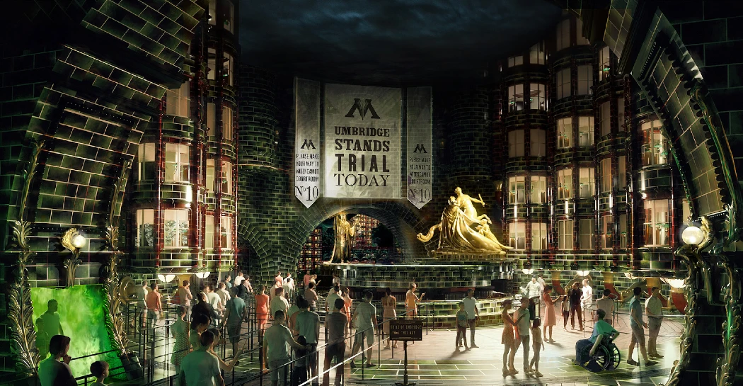 A grand hall features a prominent banner reading "Umbridge Stands Trial Today," surrounded by attentive crowds and a striking golden statue