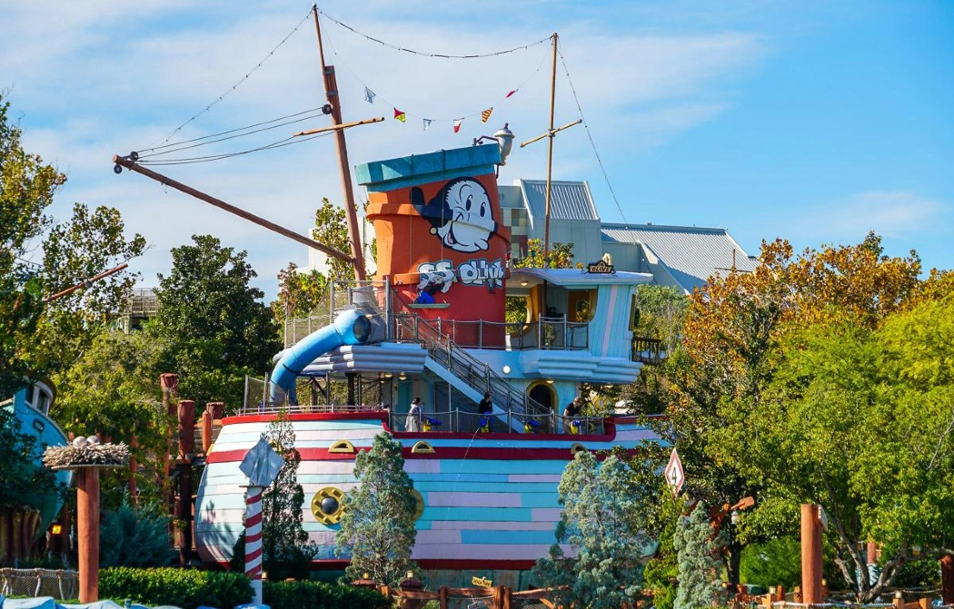 Vibrant cartoon-style boat structure featuring Popeye