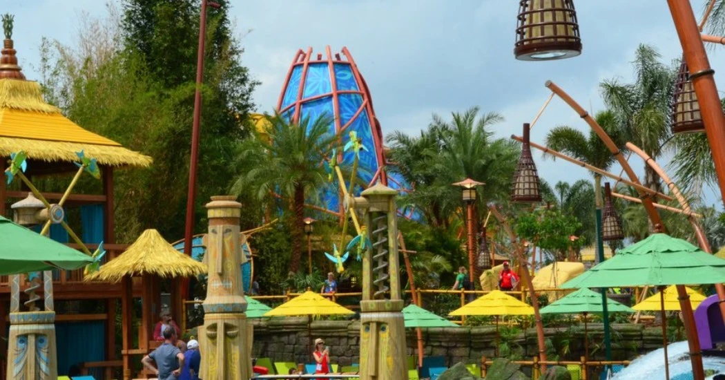 Tropical water park with a calm lagoon for relaxing