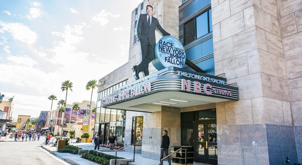 NBC Studios entrance featuring a large sign for "The Tonight Show Starring Jimmy Fallon"
