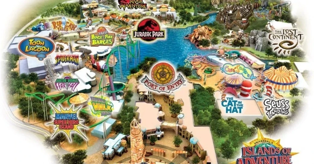 A colorful map of Islands of Adventure theme park