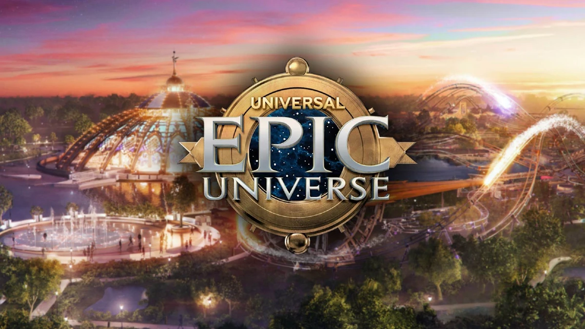 Universal's Epic Universe theme park, showcasing futuristic architecture and exciting attractions