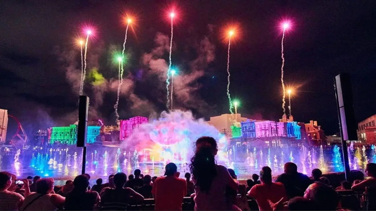 A light and fireworks show happening at night in Universal Orlando Resort