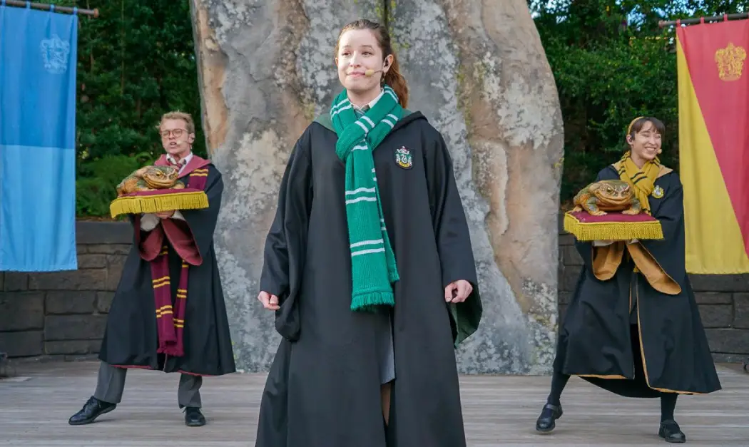 Students from the Hogwarts houses singing with oversized magical frogs