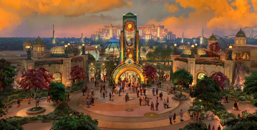 An artistic rendering of a lively Epic Universe park entrance at sunset, bustling with visitors amidst vibrant architectural details and gardens