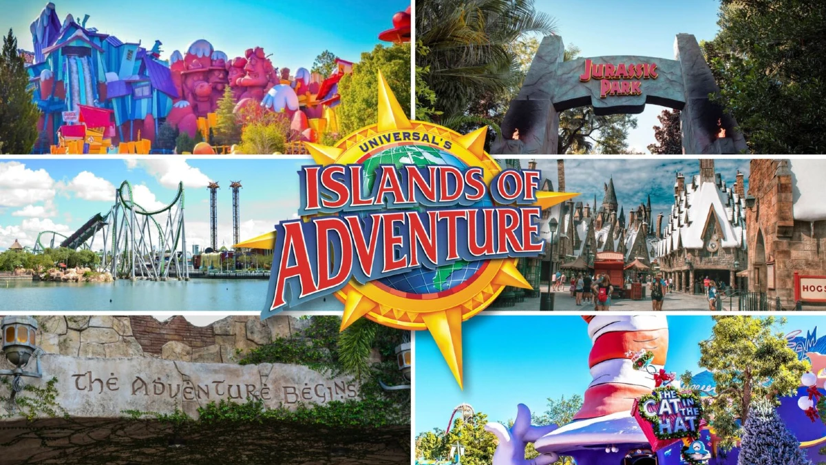 A collage of images of Islands of Adventure