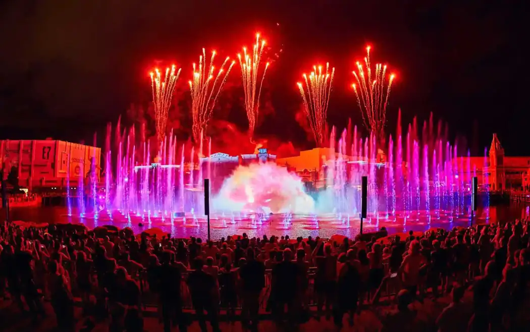 A nighttime show that combines fountains, fireworks, music, and projections onto massive water screens