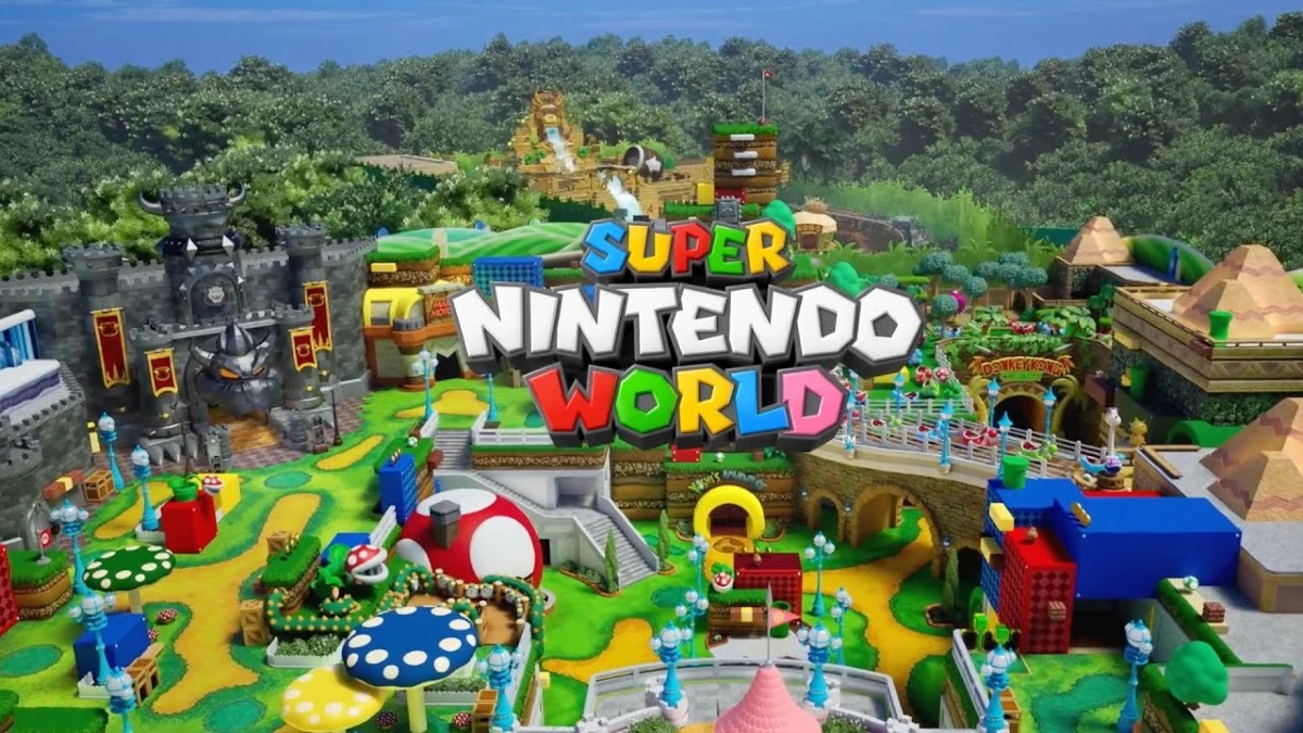 A colorful cartoon world with the heading Super Nintendo World