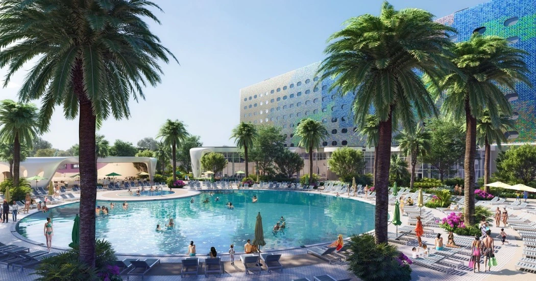 A vibrant hotel pool area surrounded by palm trees, lounge chairs, and colorful flowers, with guests enjoying the sunny atmosphere